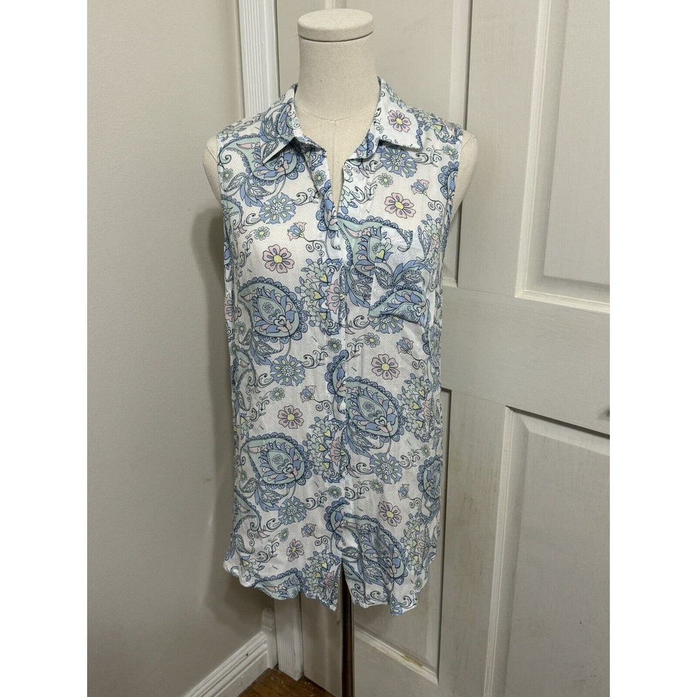 Tribal Jeans Paisley Shirt Top Sleeveless Blue White Floral Print Size Petite Sm
